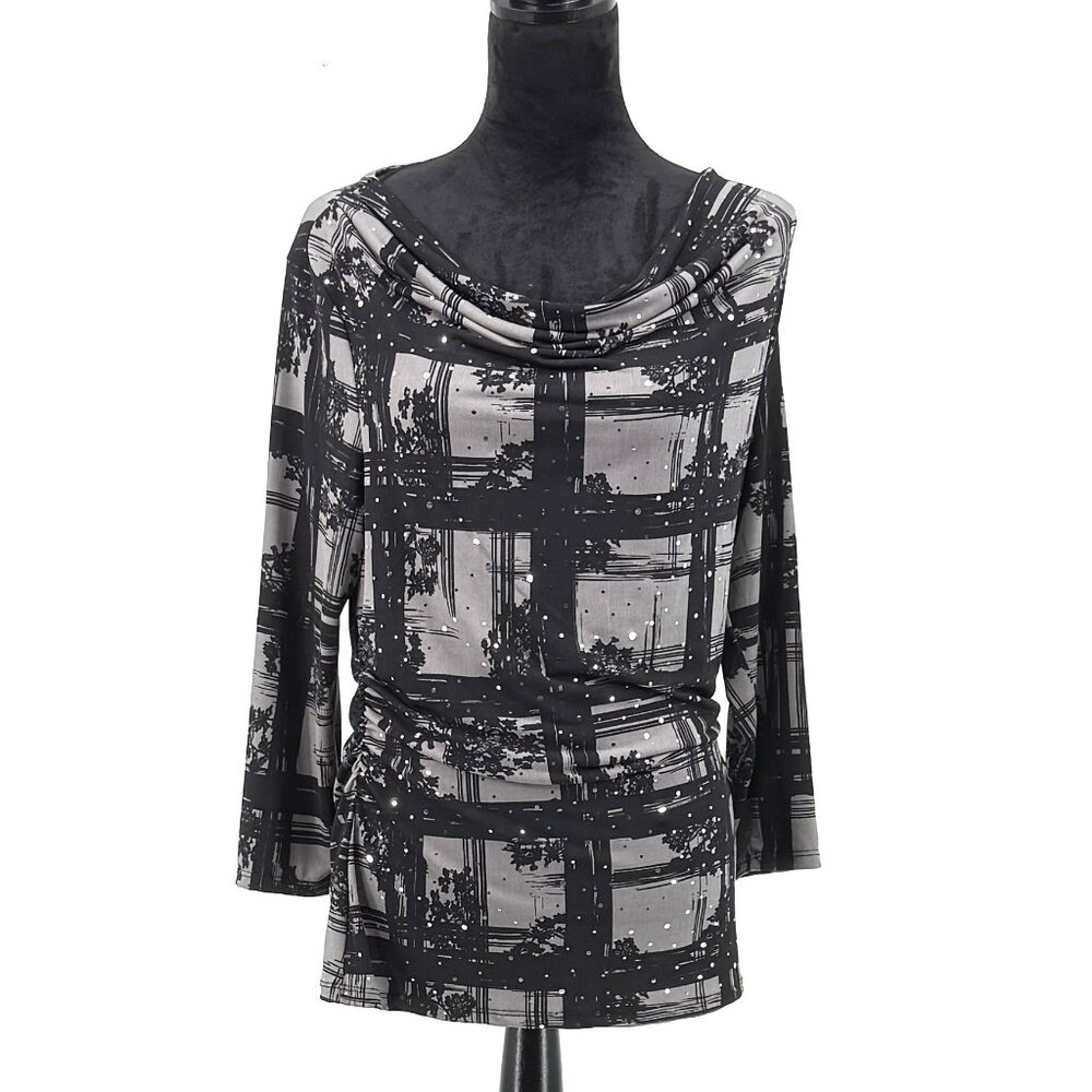 Style & Co. Sparkly Cowl Neck Scrunched Gray and Black Top Size L